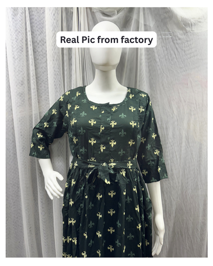 Green Cream Flower - Maternity Kurti with Feeding Zips - Soft Rayon