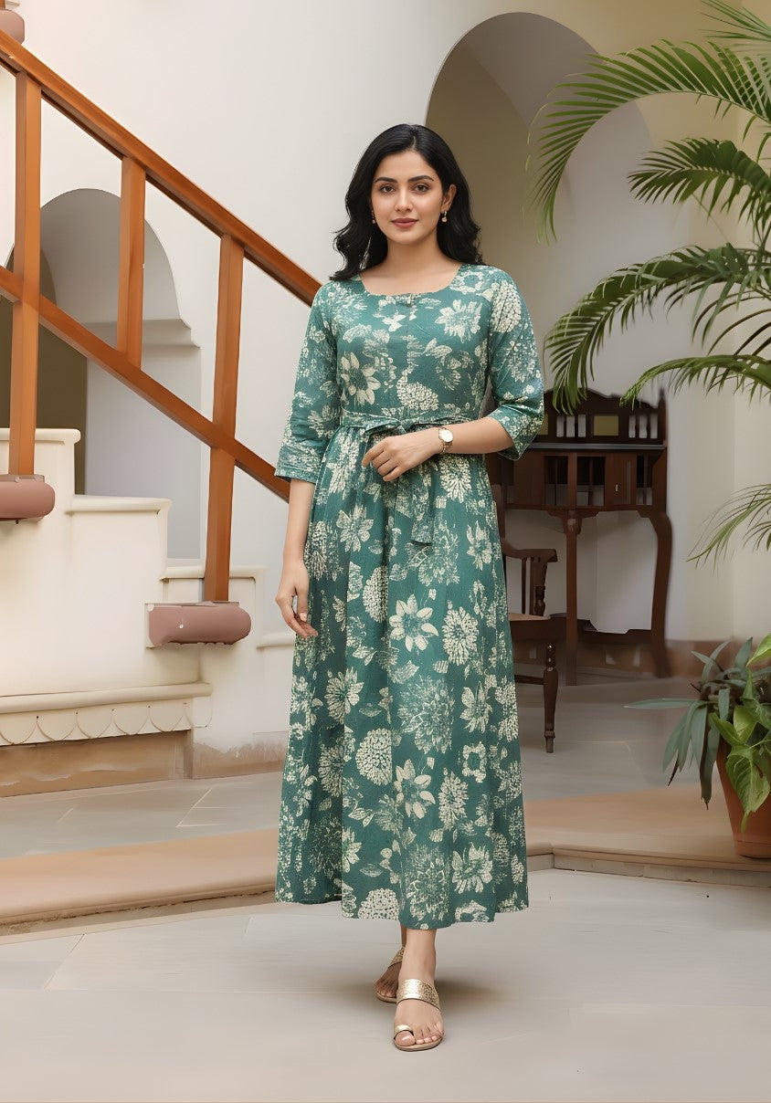 Marigold Sea Blue - Maternity Kurti with Feeding Zips - Cotton Flex - Thicker Fabric