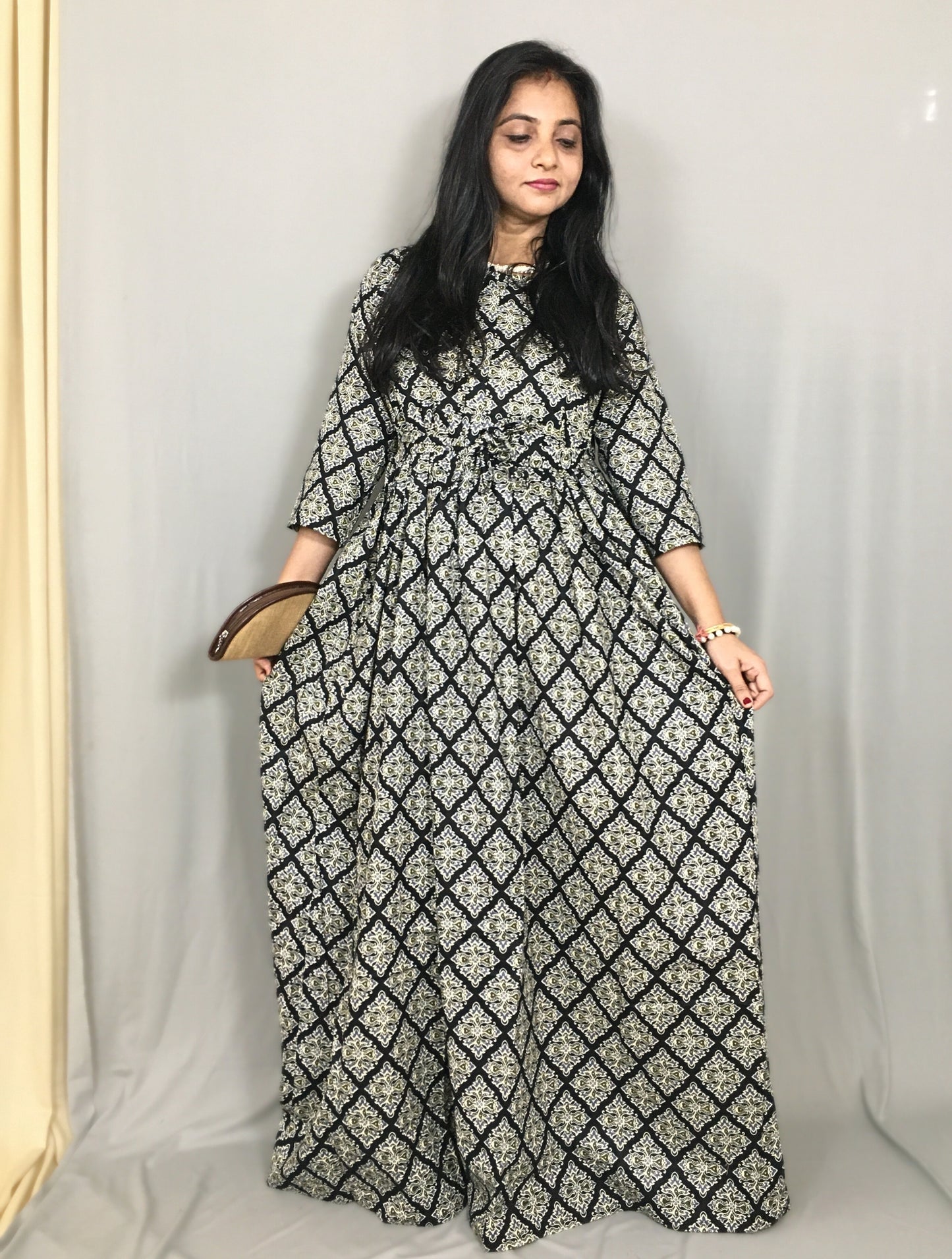 Black Dessert Flower - Maternity Kurti with Feeding Zips - Cotton Flex - Thicker Fabric
