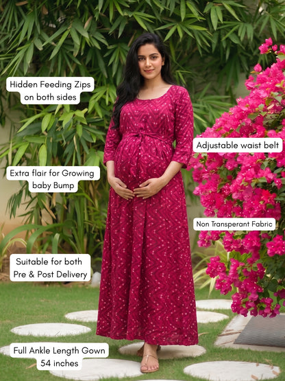 Raani ZigZag Bandhani- Maternity Dress with Feeding Zips - Soft Rayon
