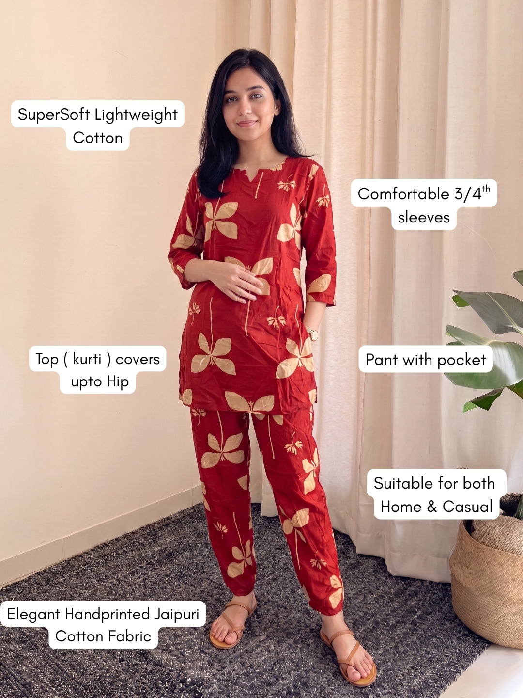 Red Motif Flower - Cord Set - Pure Cotton