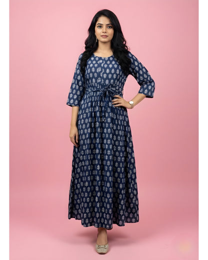 Blue Flower - Maternity Kurti with Feeding Zips - Cambric Cotton