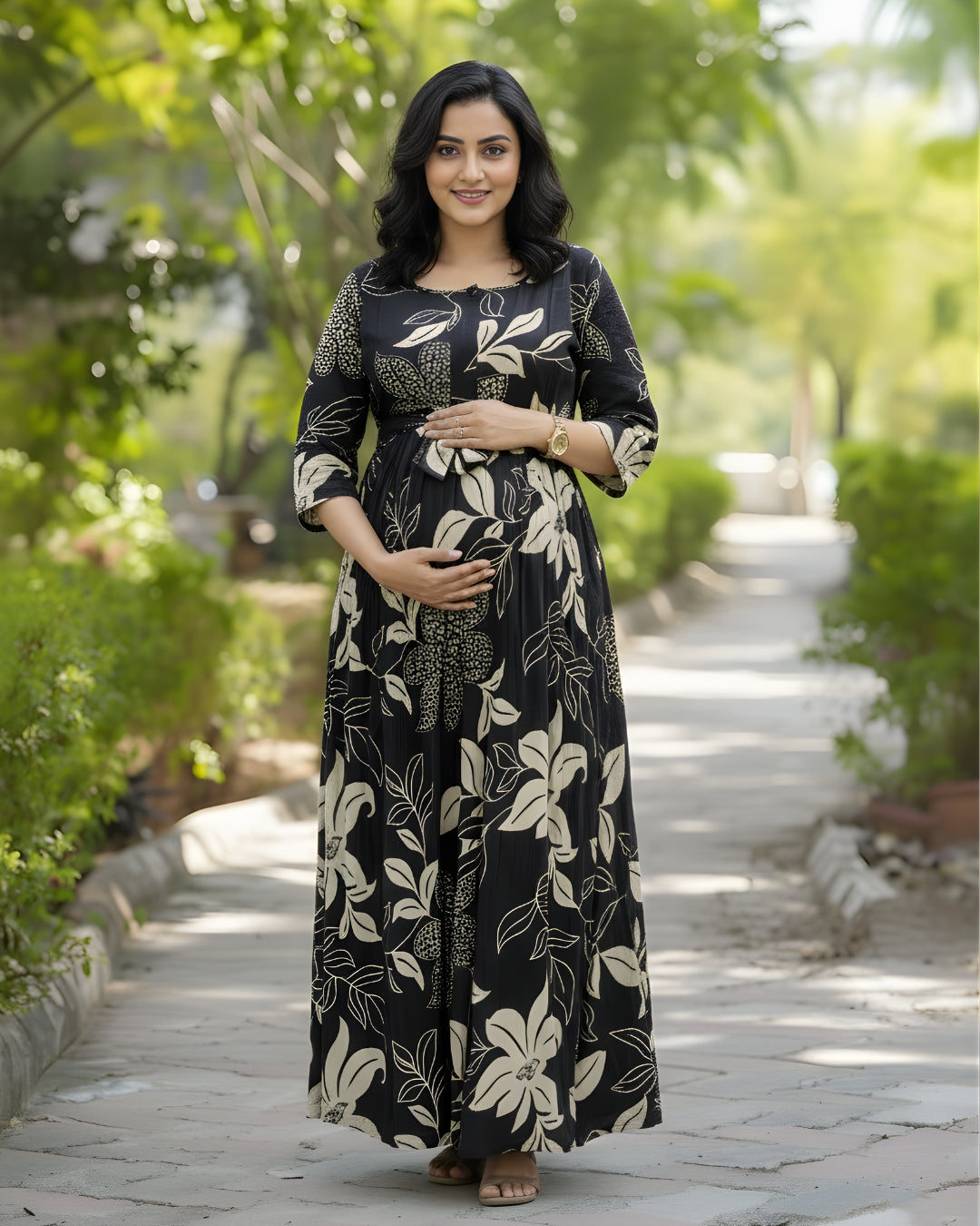 Lily Flower Black - Maternity Kurti with Feeding Zips - Cotton Flex - Thicker Fabric
