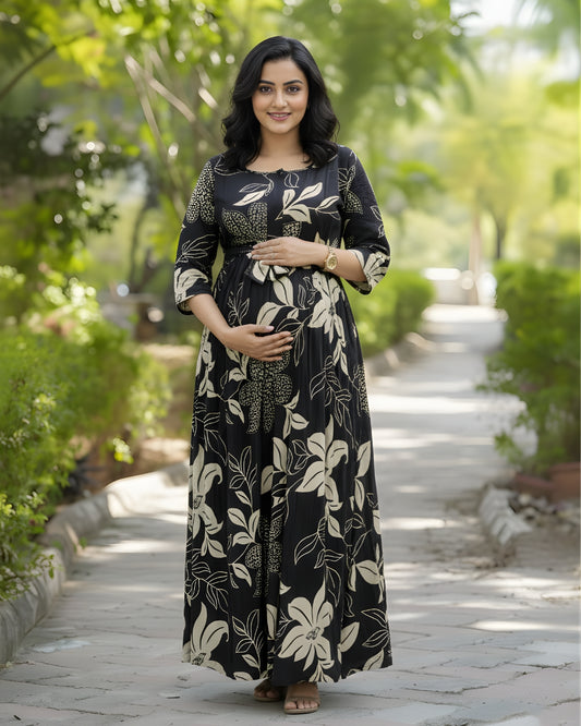 Lily Flower Black - Maternity Kurti with Feeding Zips - Cotton Flex - Thicker Fabric
