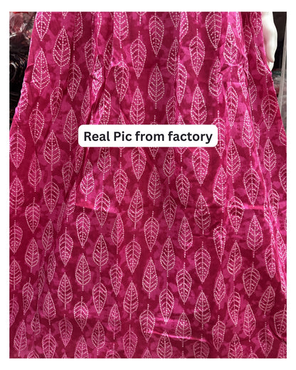 Pink White Leaves - Maternity Kurti with Feeding Zips - Cambric Cotton