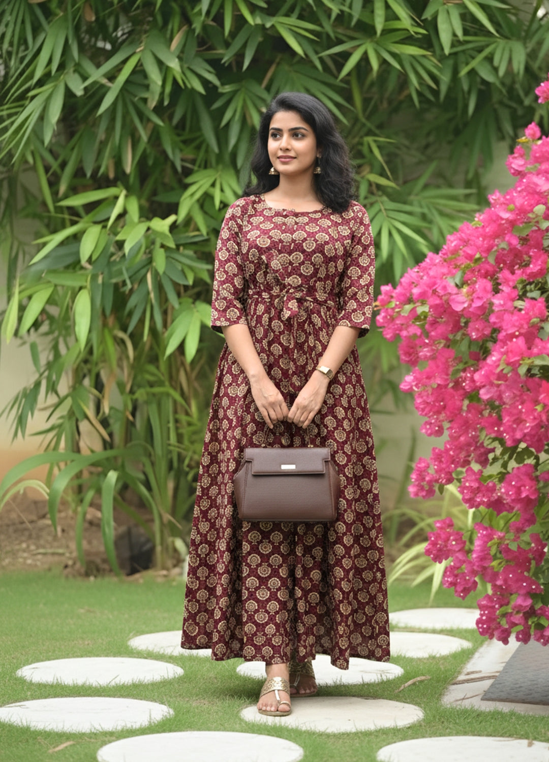Sunflower - Wine - Maternity Kurti with Feeding Zips - Cotton Flex - Thicker Fabric