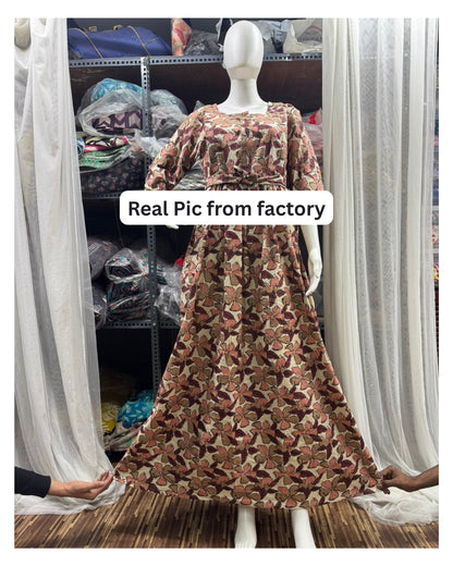 Pink Cream Leaf - Maternity Kurti with Feeding Zips - Cotton Flex - Thicker Fabric