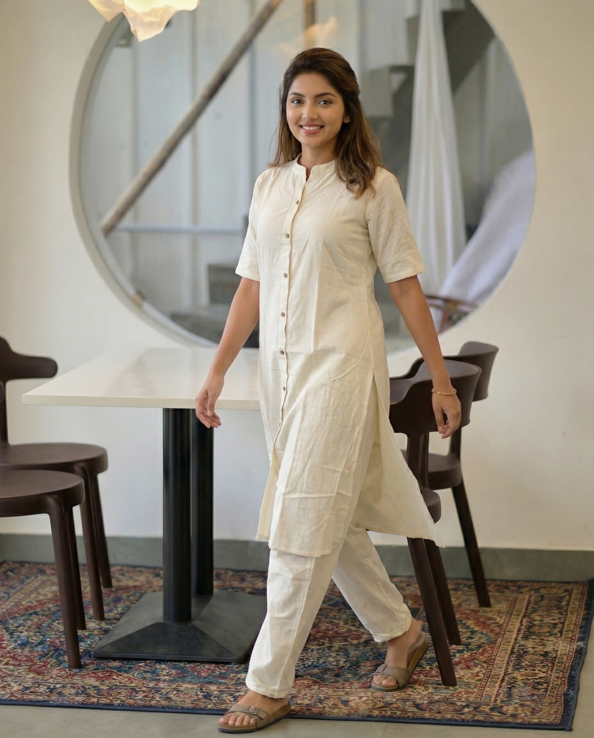 Knee Length - Katha Off White - Cord Set - Pure Cotton
