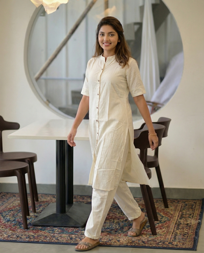 Knee Length - Katha Off White - Cord Set - Pure Cotton