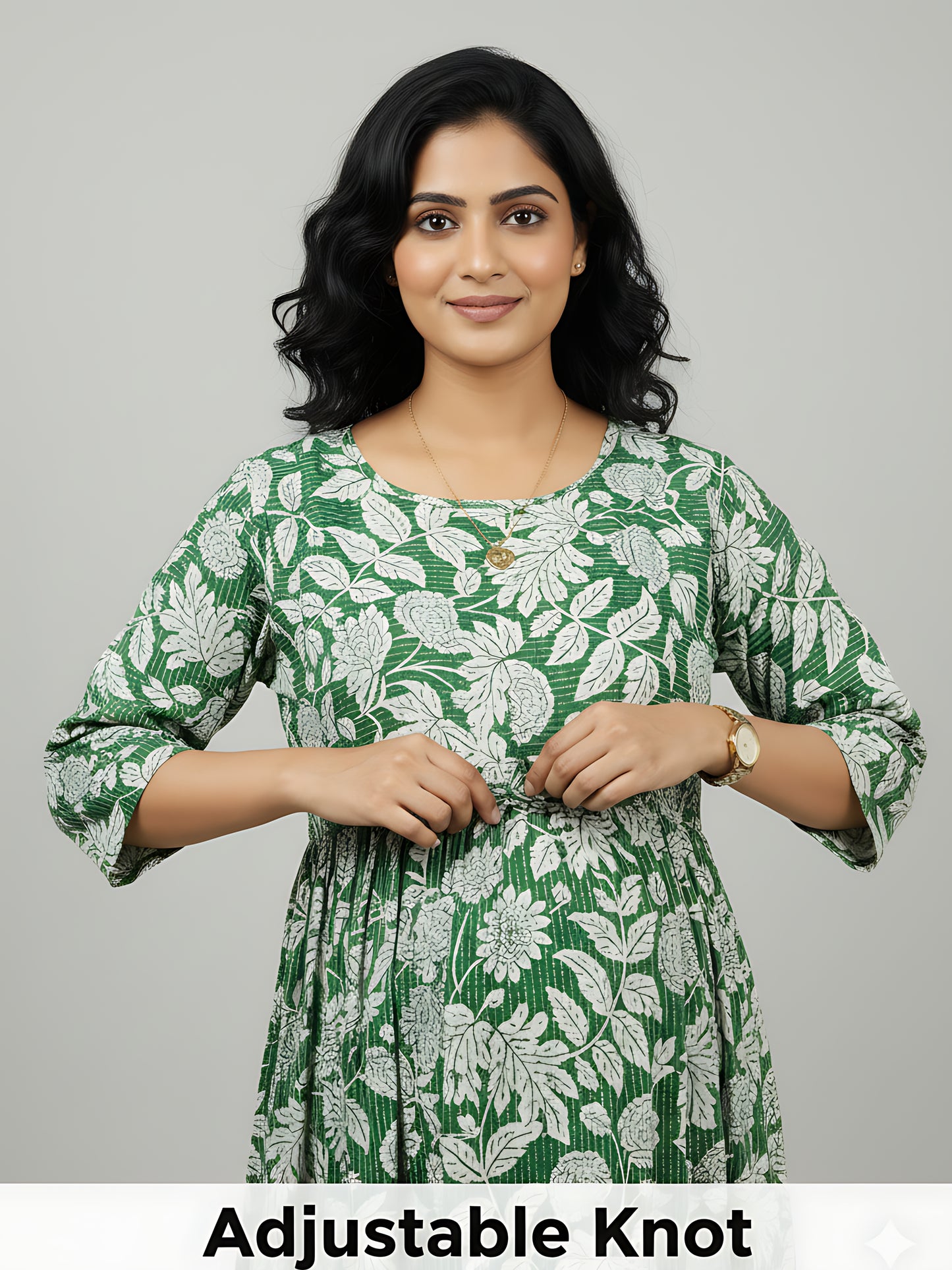 Leafy Stripes - Green - Maternity Kurti with Feeding Zips - Soft Rayon