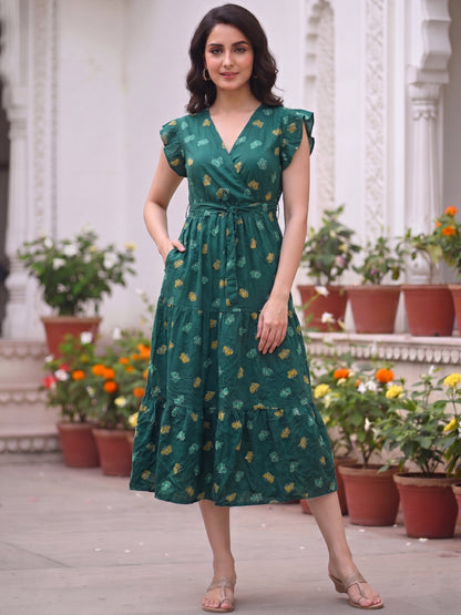 Green Butterfly - Sleevless Midi Dress - Soft Rayon