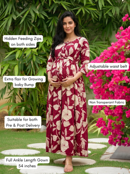 Hibiscus Maroon White - Maternity Dress with Feeding Zips - Soft Rayon