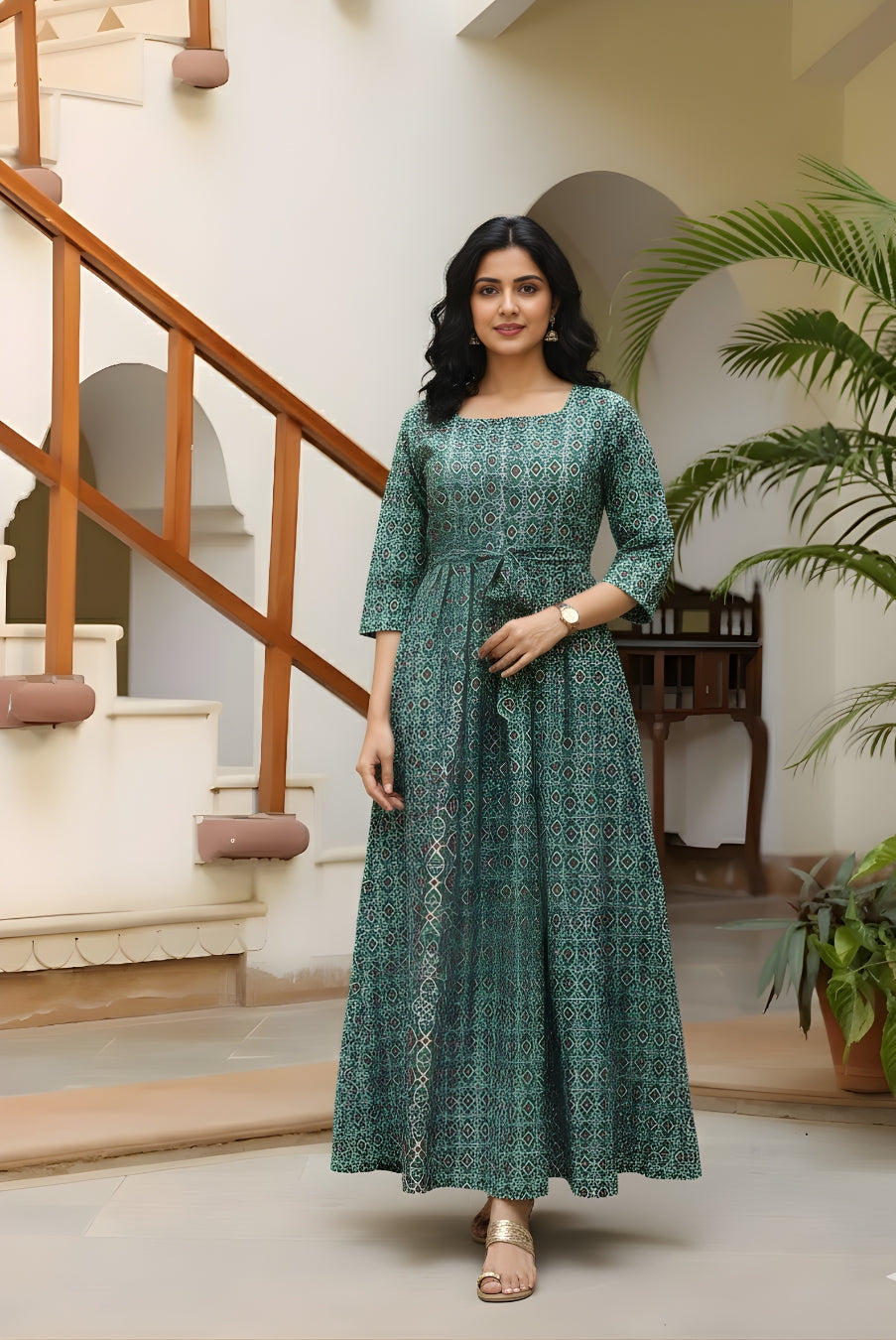 Ajrakh Firozi - Maternity Kurti with Feeding Zips - Cotton Flex - Thicker Fabric