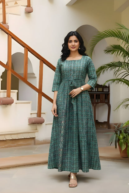 Ajrakh Firozi - Maternity Kurti with Feeding Zips - Cotton Flex - Thicker Fabric