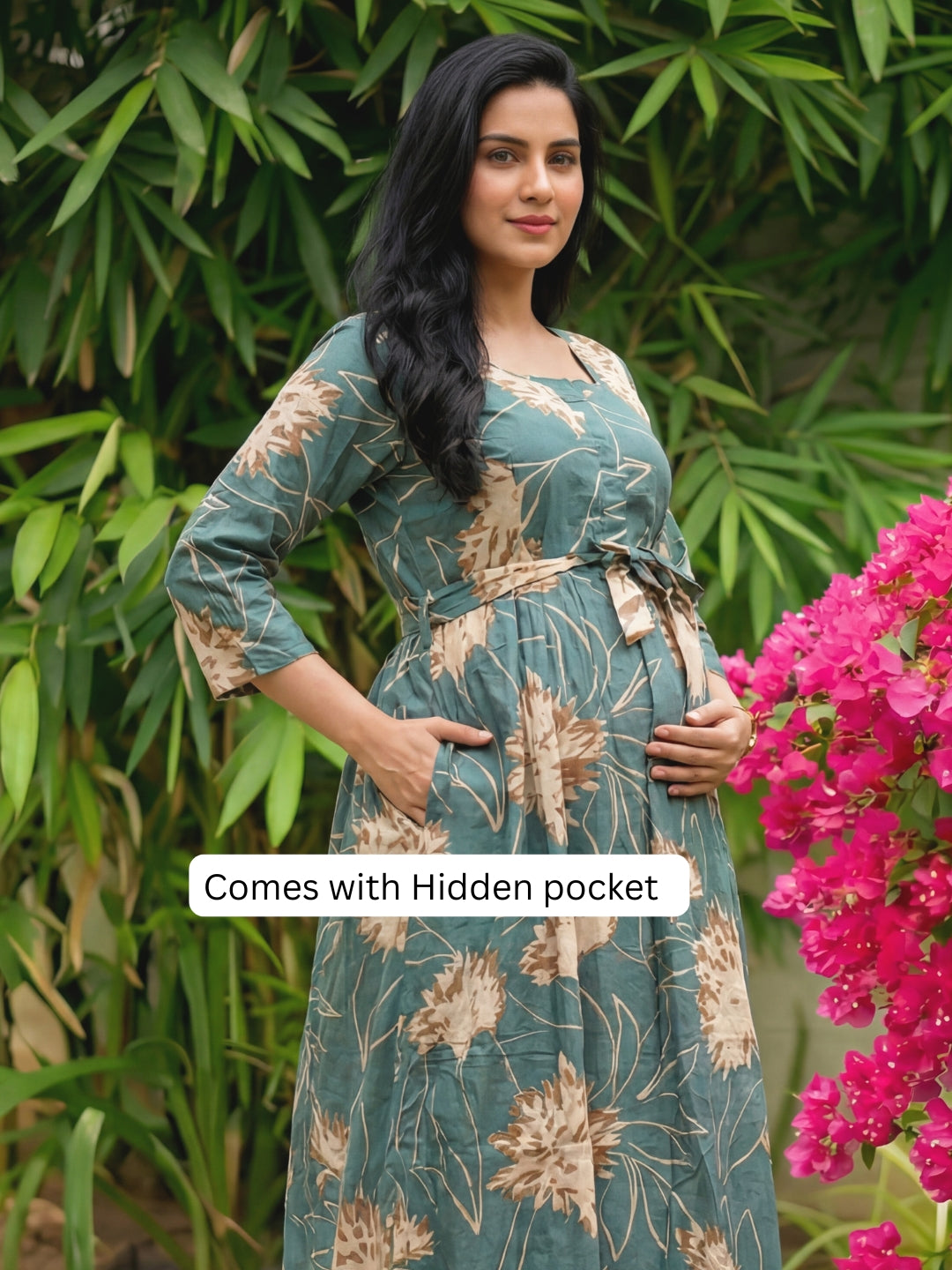 Turquoise Cream Flower - Maternity Kurti with Feeding Zips - Cotton Flex - Thicker Fabric
