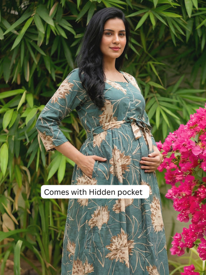 Turquoise Cream Flower - Maternity Kurti with Feeding Zips - Cotton Flex - Thicker Fabric