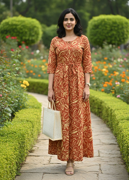 Flower Sketch - Orange - Maternity Kurti with Feeding Zips - Soft Rayon