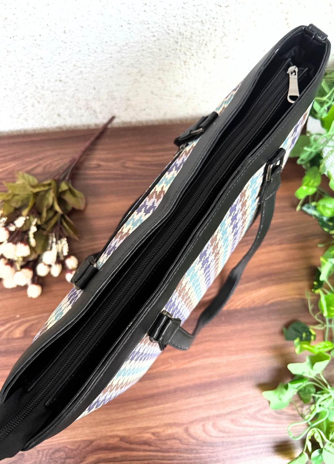 Blue Brown Checks - Office & College Tote Bag with Laptop Compartment