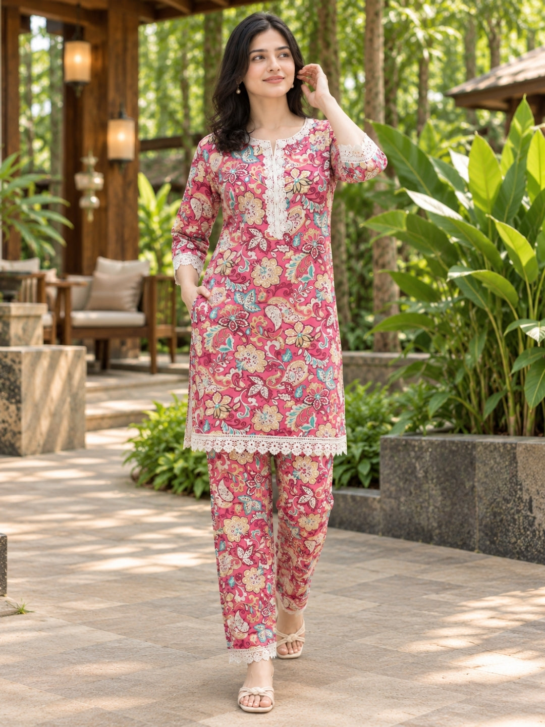 Lace Work - Baby Pink - Cord Set - Soft Rayon
