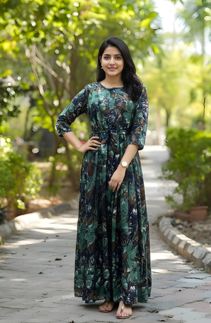 Floral Peacock Blue - Maternity Kurti with Feeding Zips - Soft Rayon
