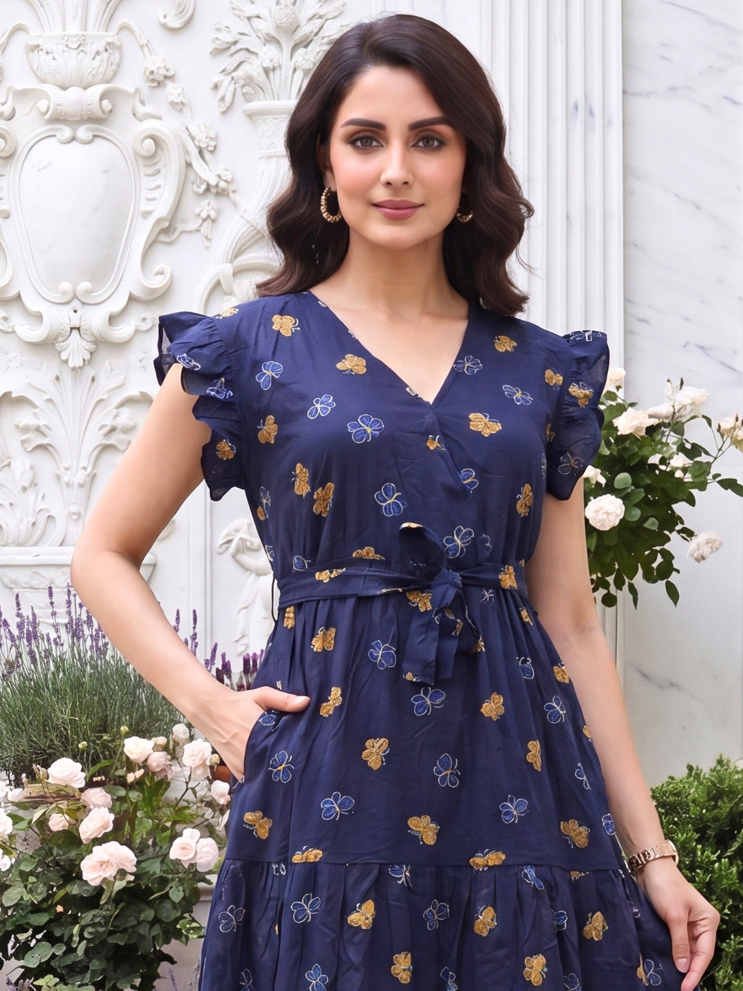 Blue Butterfly - Sleevless Midi Dress - Soft Rayon