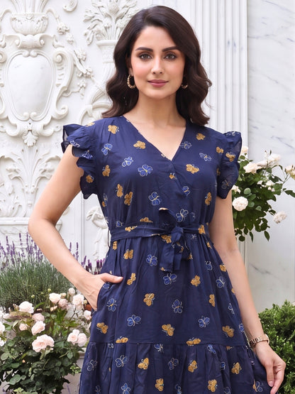 Blue Butterfly - Sleevless Midi Dress - Soft Rayon