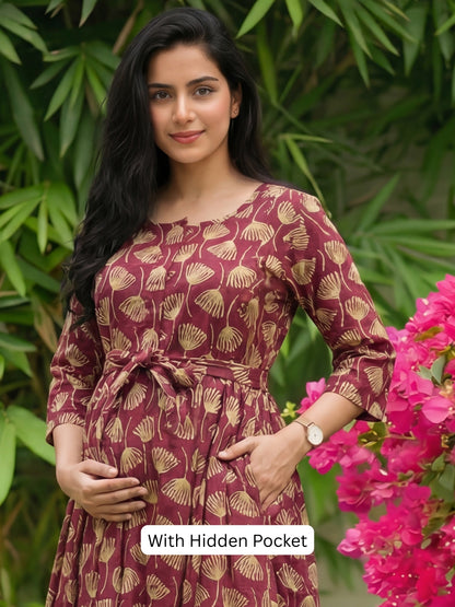 Senna Flower - Maroon - Maternity Kurti with Feeding Zips - Cotton Flex - Thicker Fabric
