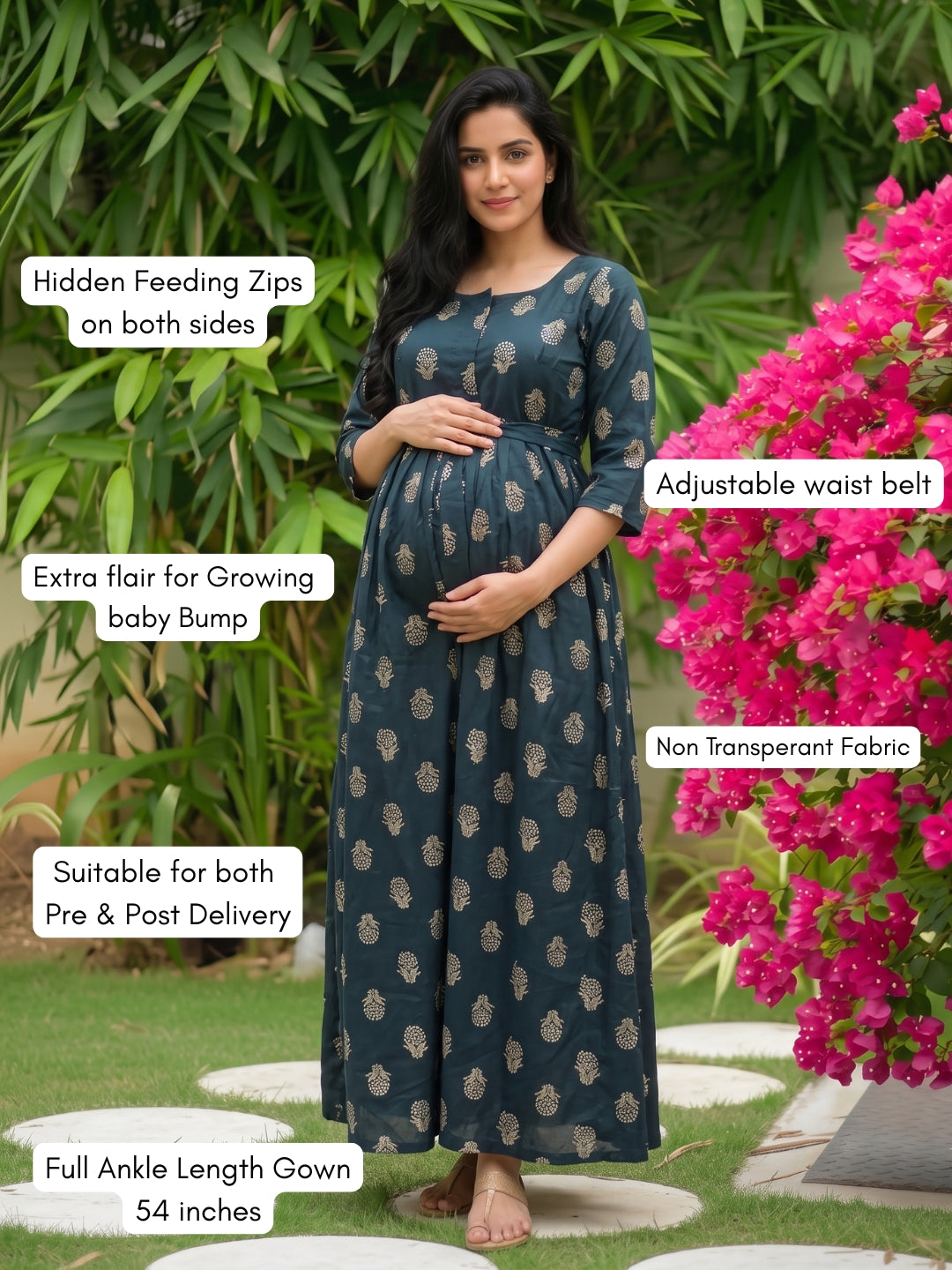 Rustic Flower - Blue - Maternity Dress with Feeding Zips - Pure Cotton