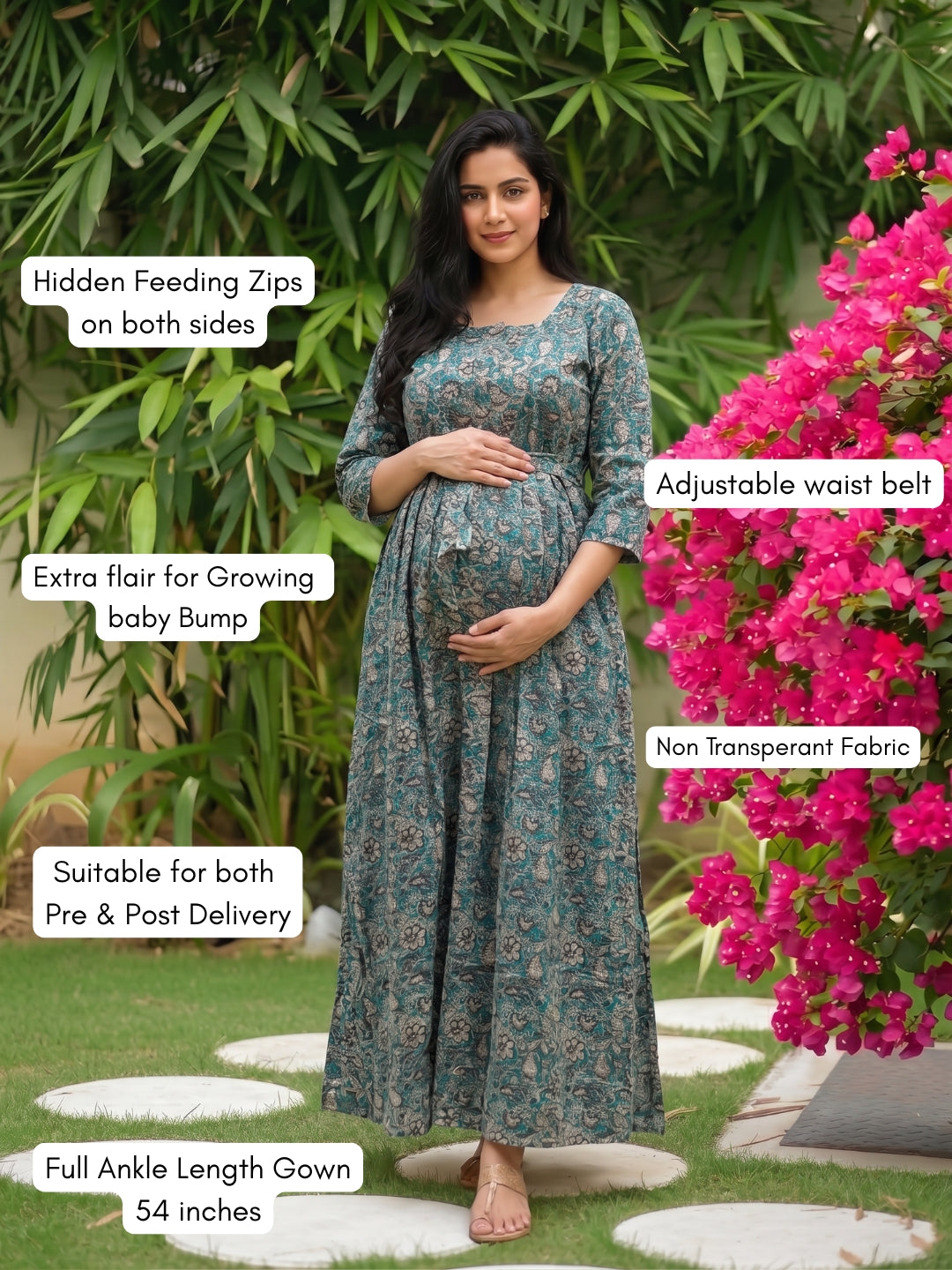 Green Grey Forrest - Maternity Dress with Feeding Zips - Pure Cotton