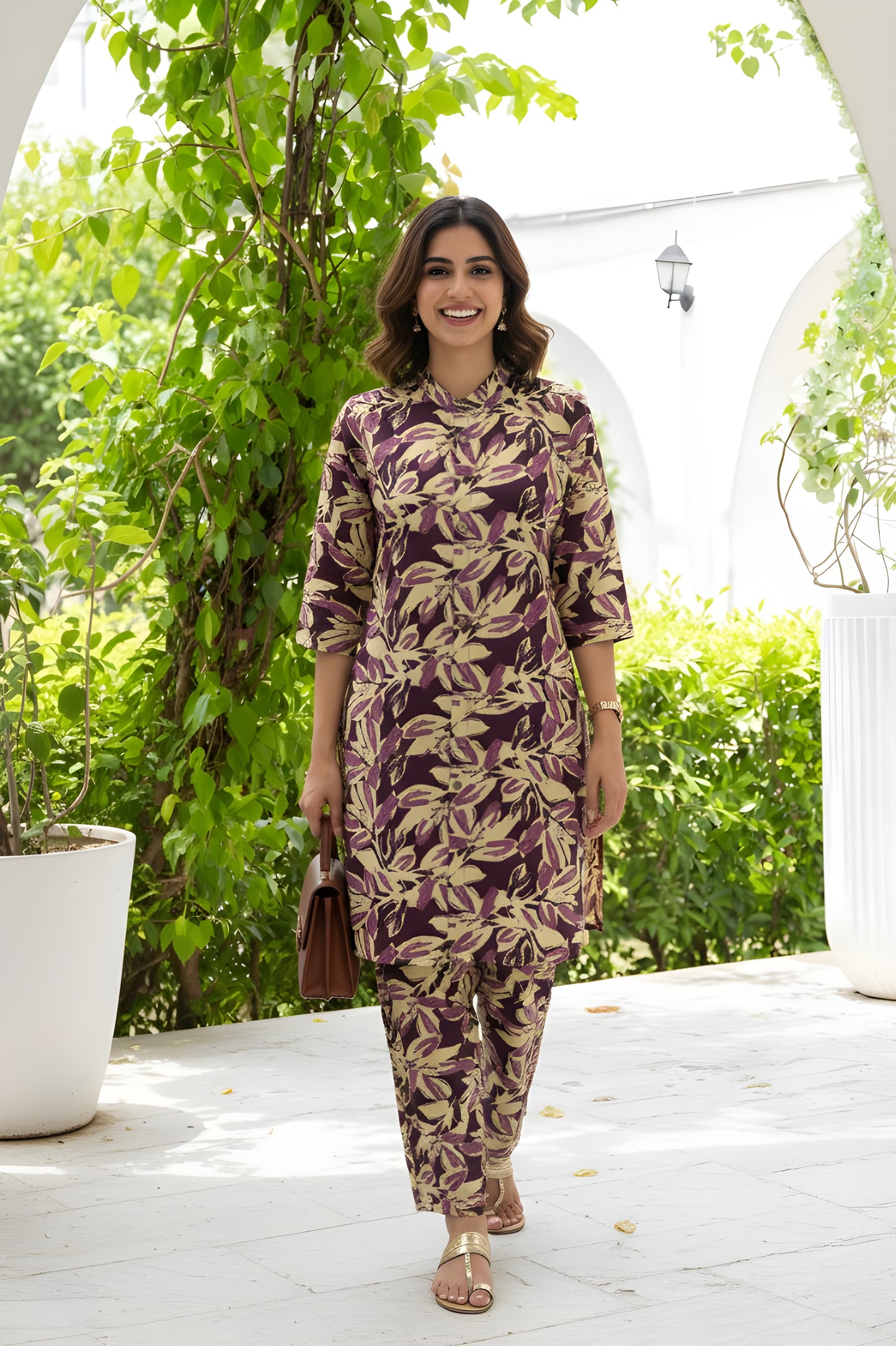 Knee Length - Purple Cream Jasmine - Cord Sets - Soft Rayon