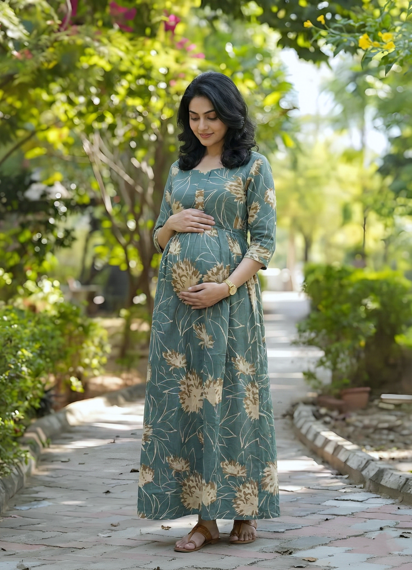 Turquoise Cream Flower - Maternity Kurti with Feeding Zips - Cotton Flex - Thicker Fabric