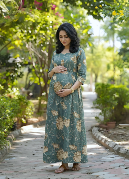 Turquoise Cream Flower - Maternity Kurti with Feeding Zips - Cotton Flex - Thicker Fabric