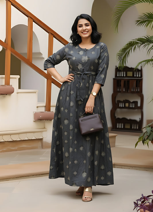 Grey White Flower - Maternity Kurti with Feeding Zips - Soft Rayon