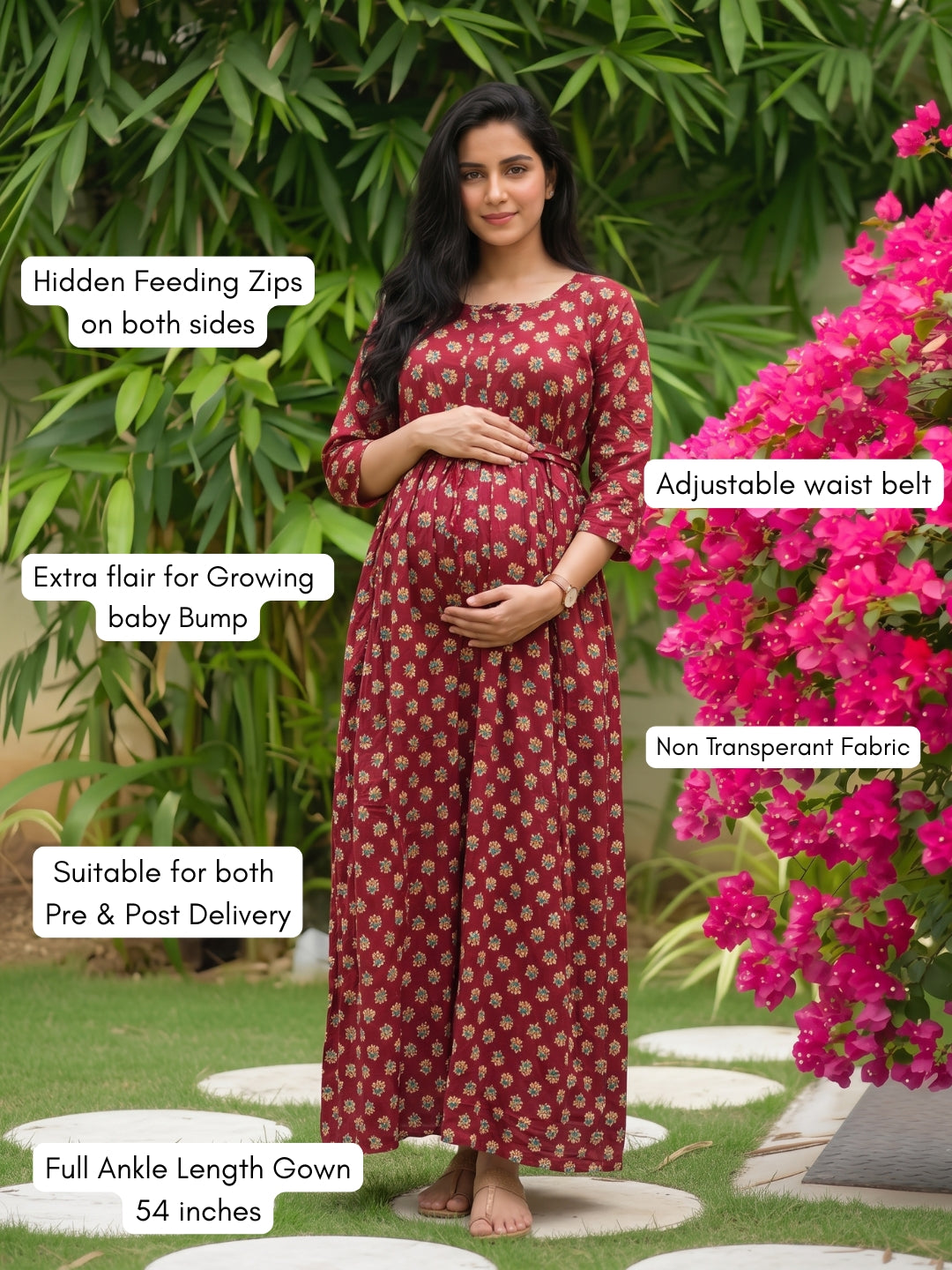 Curly Rose - Red - Maternity Dress with Feeding Zips - Soft Rayon