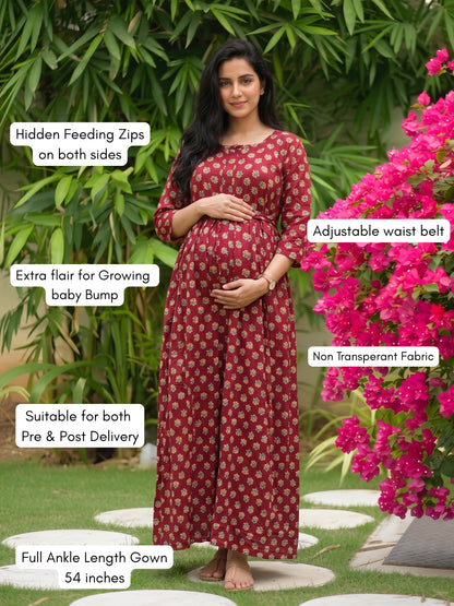 Curly Rose - Red - Maternity Dress with Feeding Zips - Soft Rayon