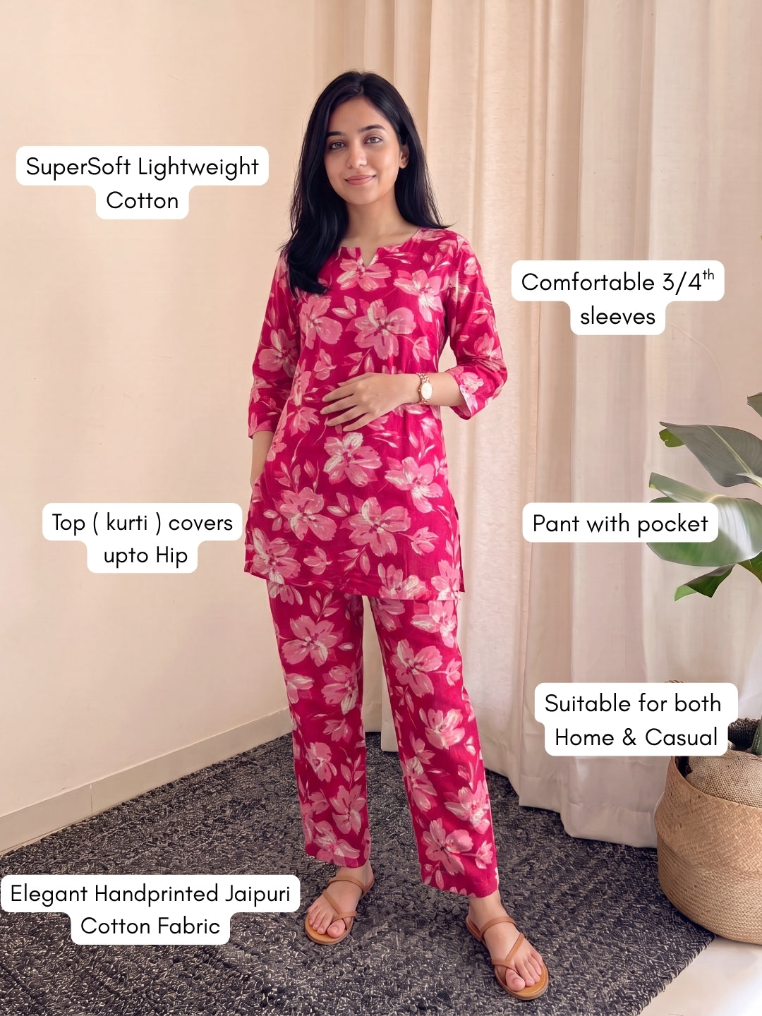Jasmine White Flower - Pink - Cord Set - Pure Cotton