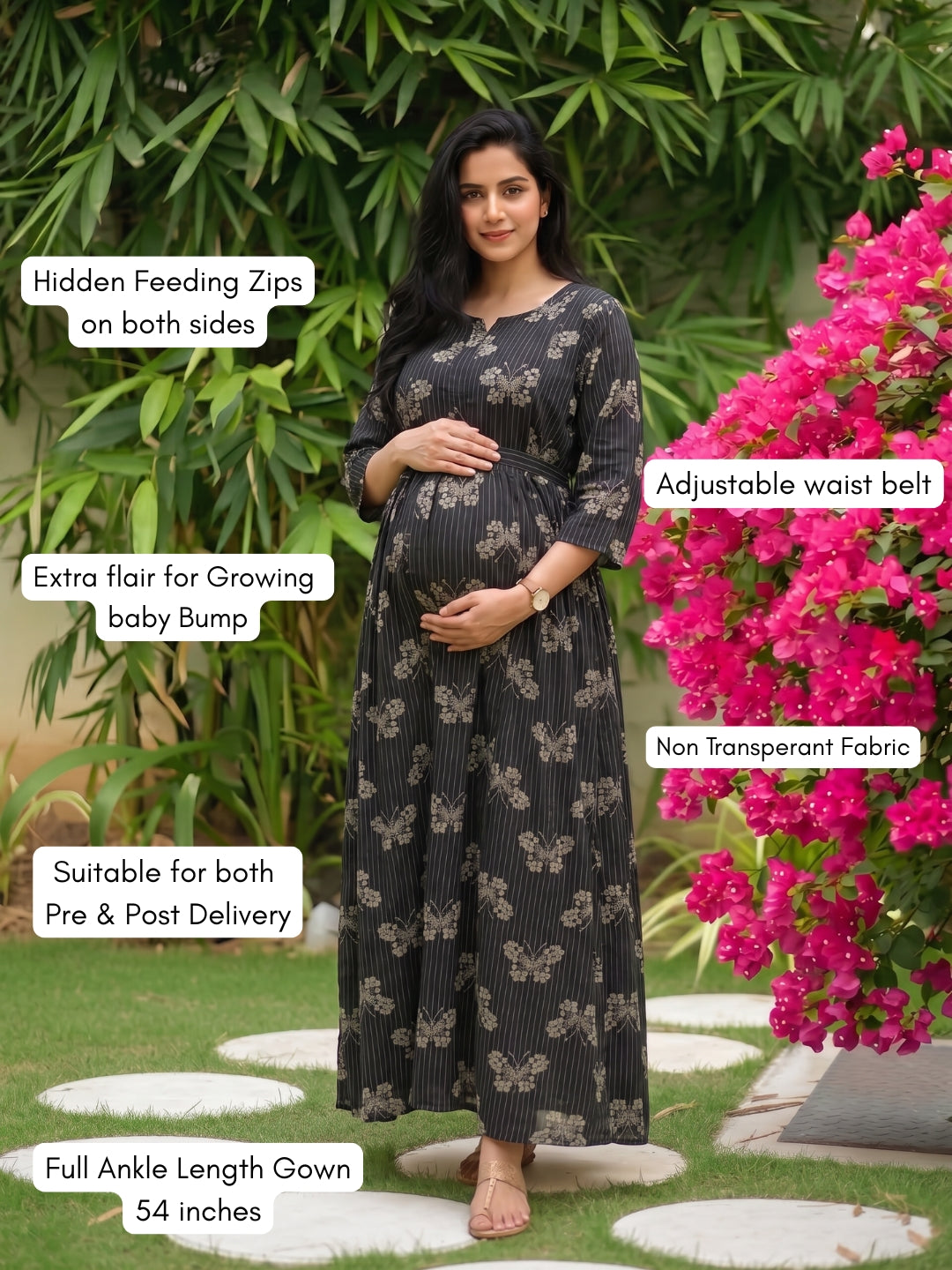 Black Butterfly - Maternity Dress with Feeding Zips - Soft Rayon