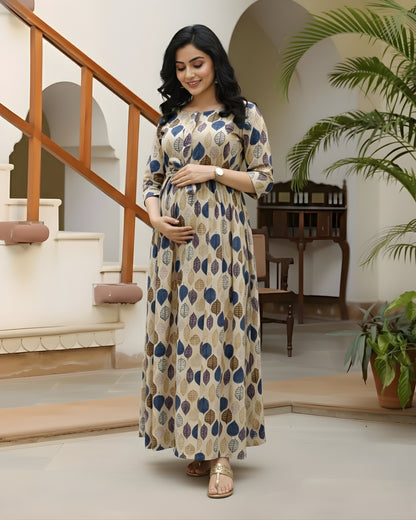 Blue Brown Petals - Maternity Kurti with Feeding Zips - Cotton Flex - Thicker Fabric