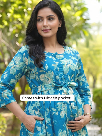 Jasmine White Flower - Firozi - Maternity Kurti with Feeding Zips - Cambric Cotton
