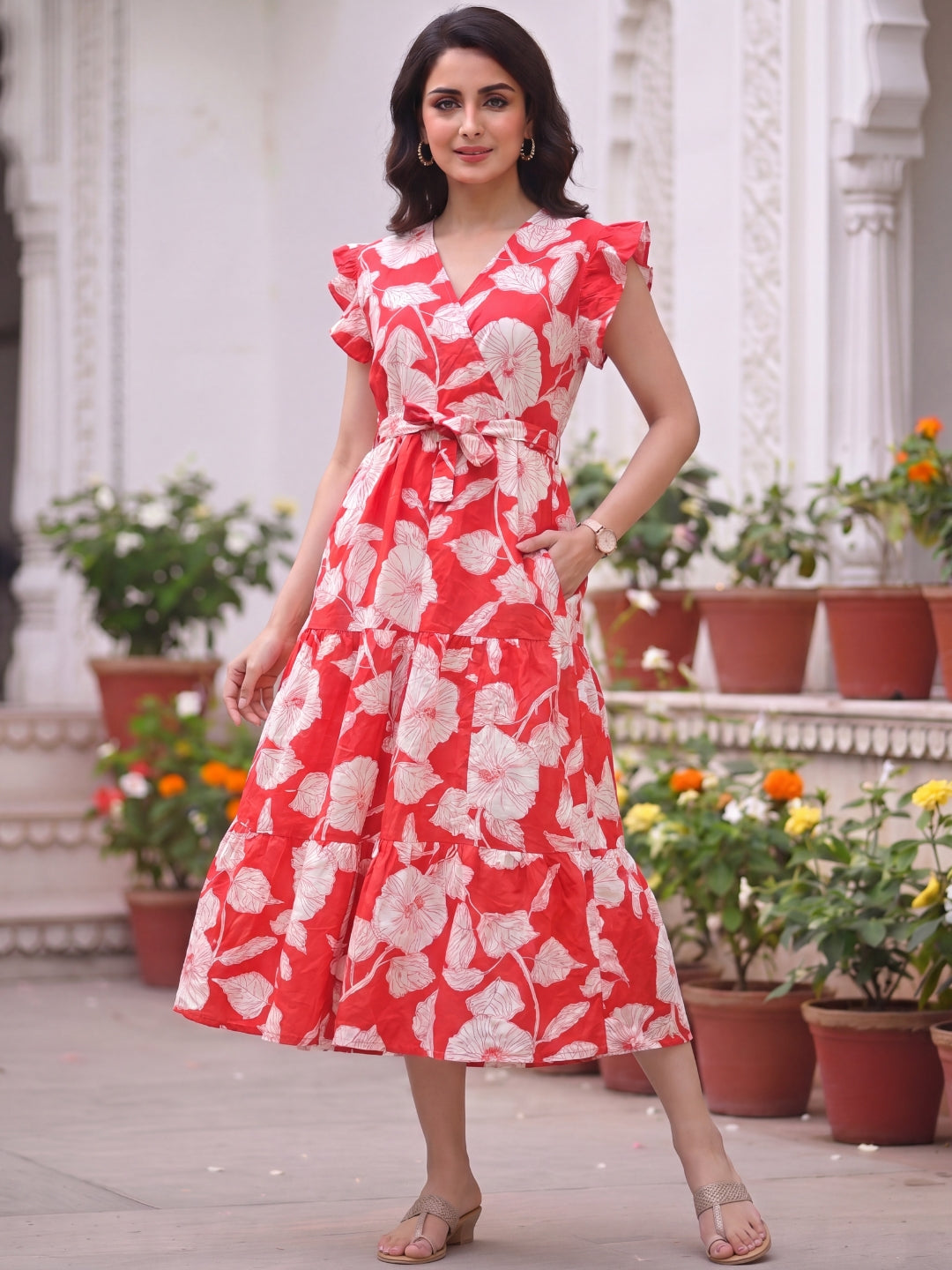 Hibiscus Orange - Sleevless Midi Dress - Soft Rayon