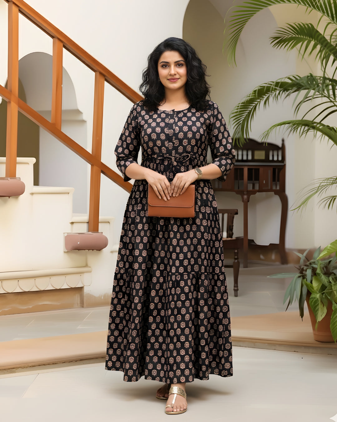 Ajrakh Sunflower Black - Maternity Kurti with Feeding Zips - Cotton Flex - Thicker Fabric