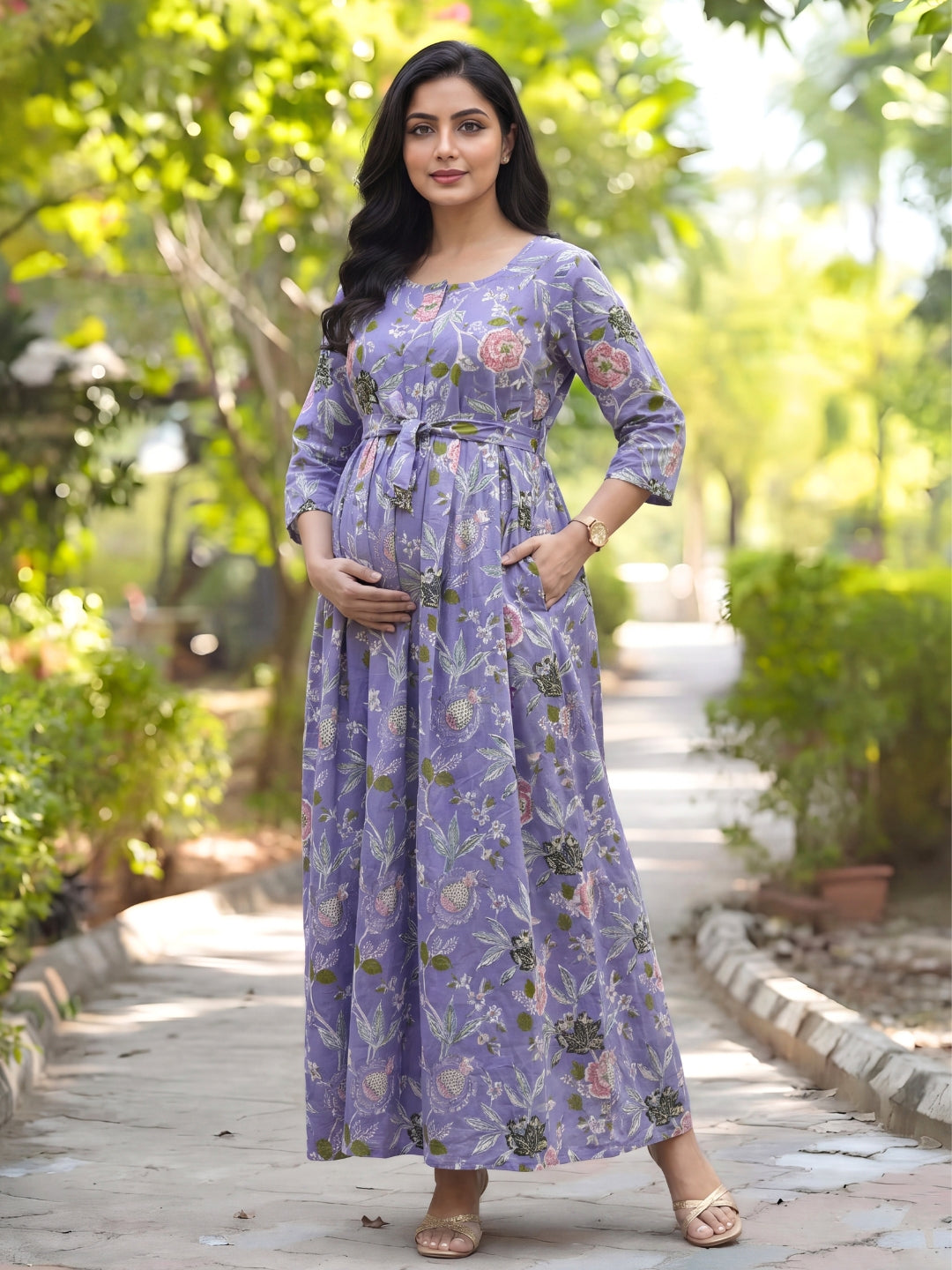 Lavander Green Flower - Maternity Kurti with Feeding Zips - Cambric Cotton