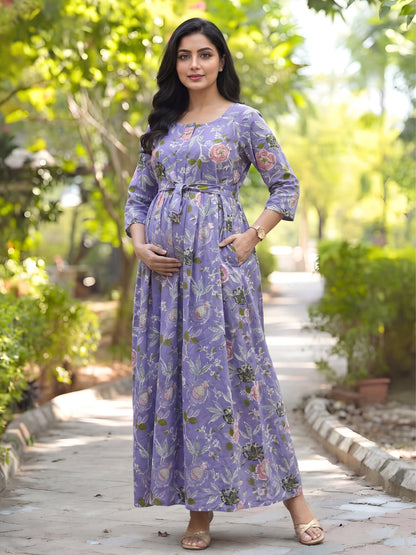 Lavander Green Flower - Maternity Kurti with Feeding Zips - Cambric Cotton