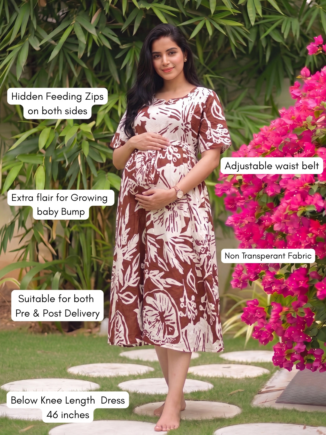 Hibiscus Brown - Knee Length Maternity Dress with Feeding Zips - Soft Rayon