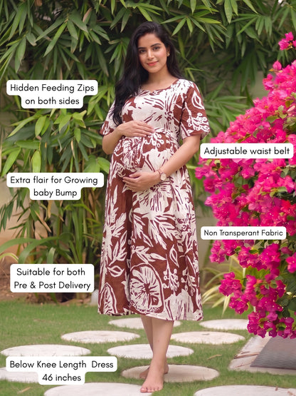 Hibiscus Brown - Knee Length Maternity Dress with Feeding Zips - Soft Rayon