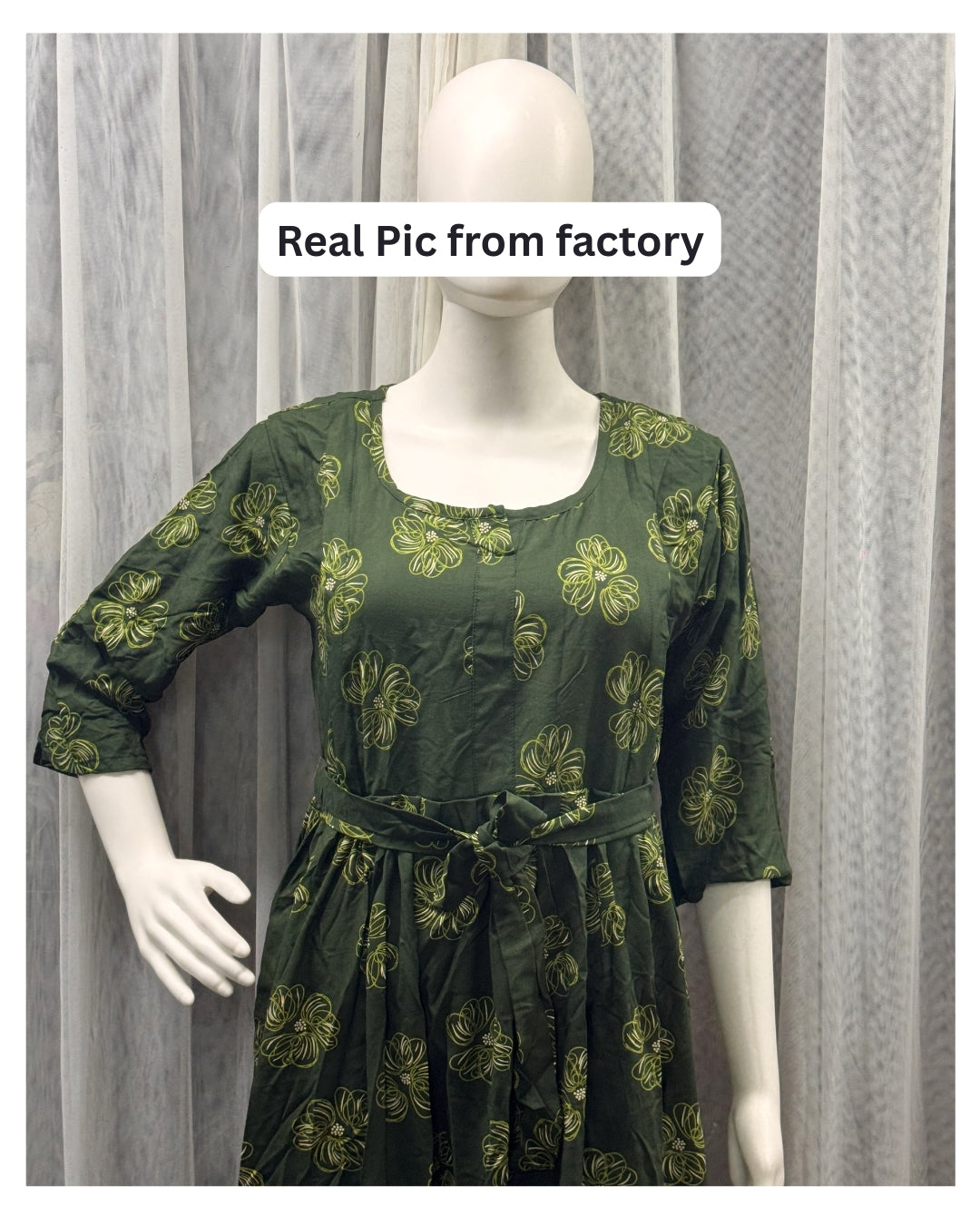 Sketch Green Flower - Maternity Kurti with Feeding Zips - Soft Rayon