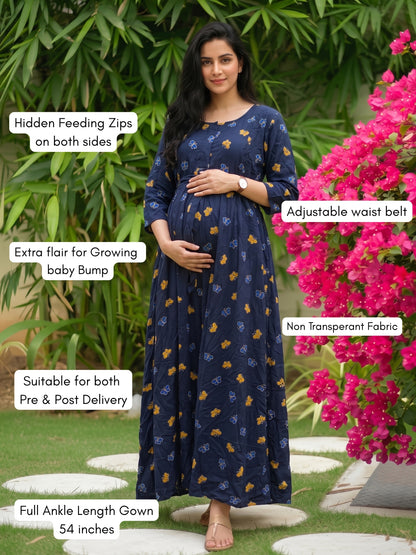 Blue Butterfly - Maternity Dress with Feeding Zips - Soft Rayon