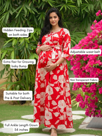 Hibiscus Orange - Maternity Dress with Feeding Zips - Soft Rayon