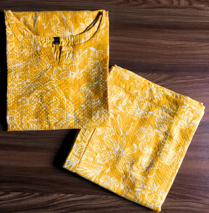 Katha Work - Yellow White Flower - Cord Set - Pure Cotton