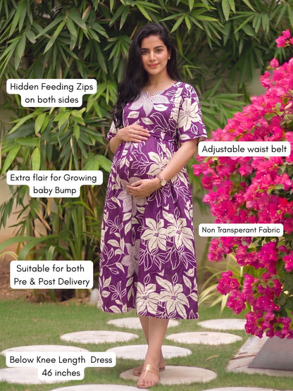 Lily Purple - Knee Length Maternity Dress with Feeding Zips - Soft Rayon